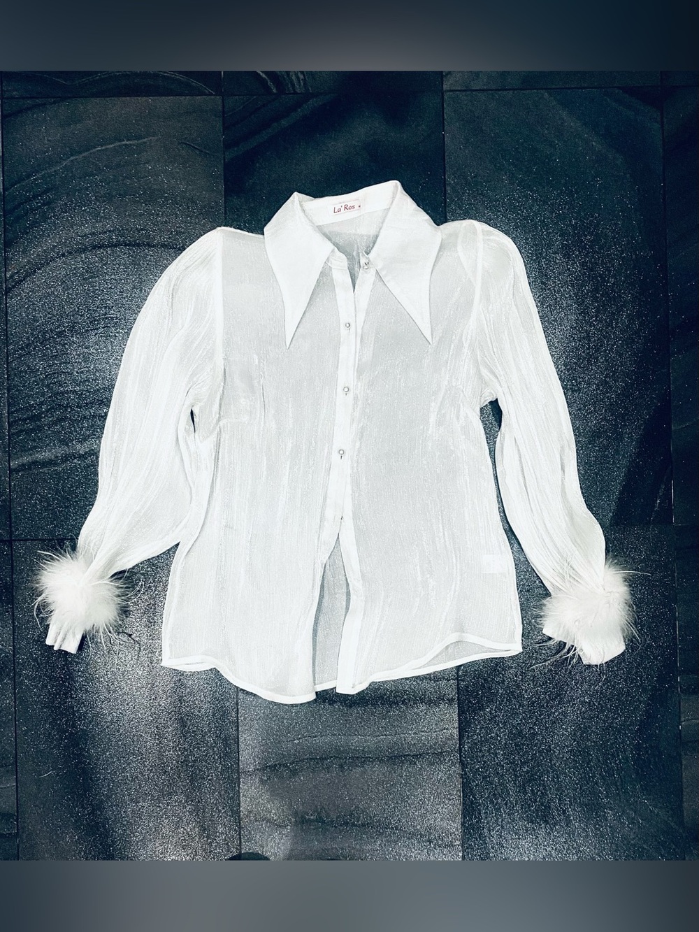 La'Ros semi-sheer white button-down blouse pearl buttons feather-trimmed cuffs